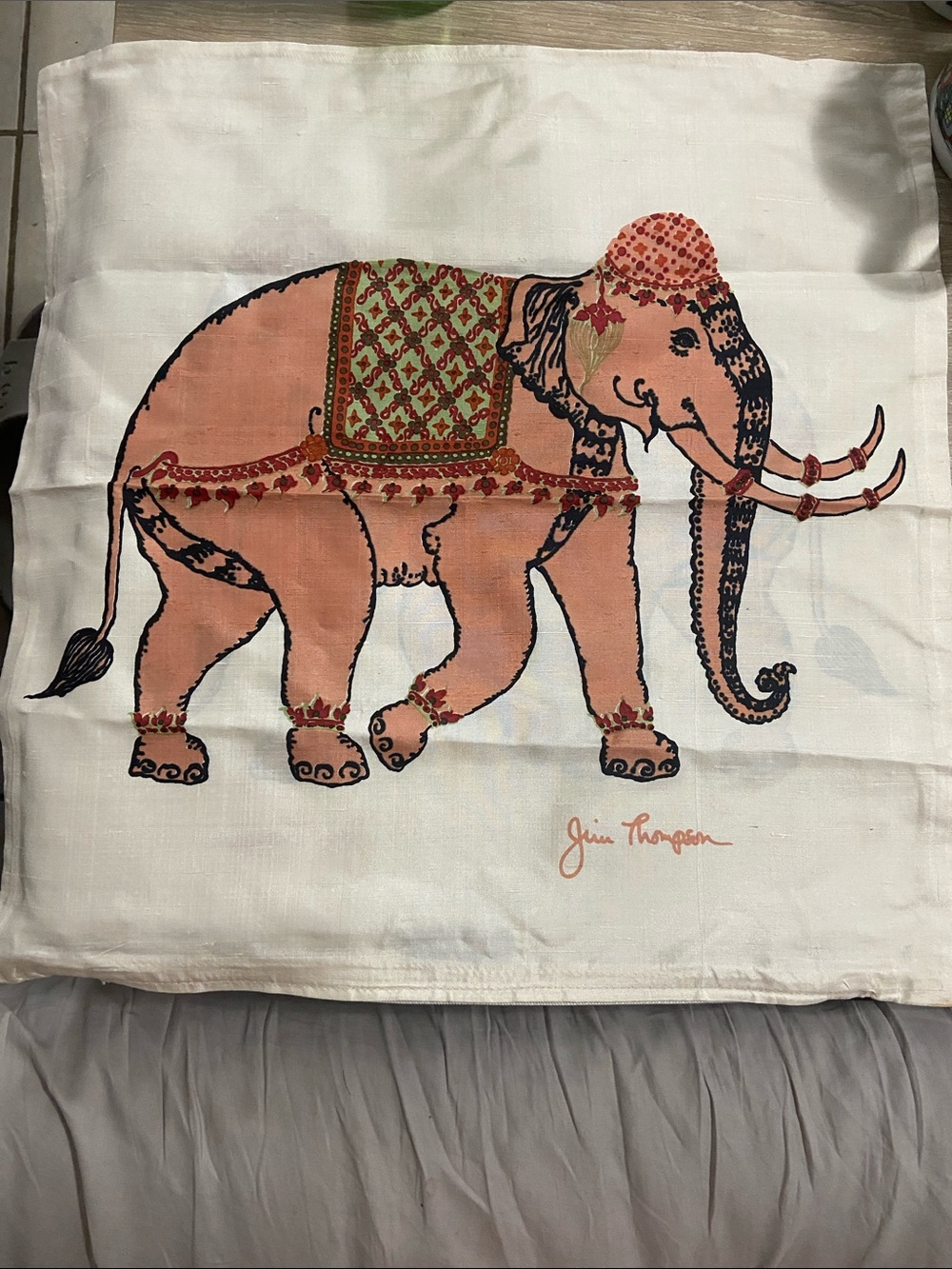 Vintage Jim Thompson 100% Silk Cream Thai Elephant Pillow Cover